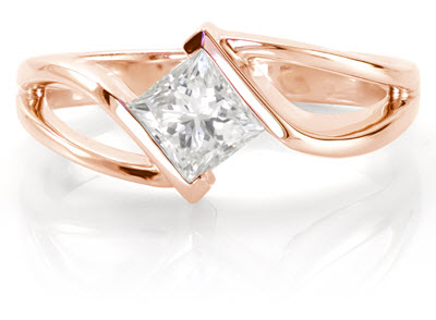 Rose gold contemporary engagement ring shown with 1.00 carat princess cut