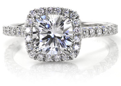 U-cut Halo Engagement Ring in Platinum featuring a 1.50 carat cushion cut diamond.