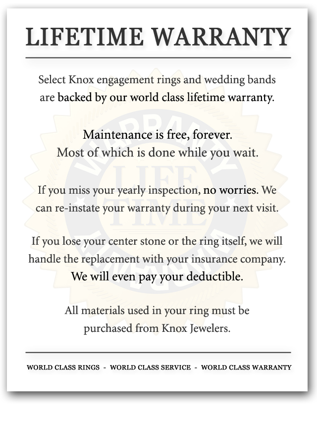 Every Knox engagement ring and wedding band is backed by our world class lifetime warranty.