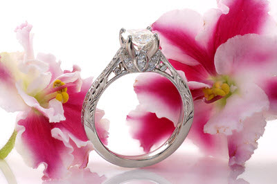 Unique radiant cut engagement rings at Knox Jewelers with hand engraving. Platinum Engagement Rings.