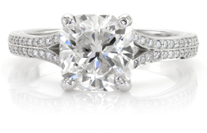 Platinum cushion cut engagement ring.