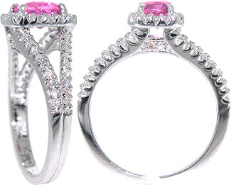 Pink Cushion Cut Sapphire in a split shank micro pave engagement ring