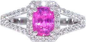  Pink Cushion Cut Sapphire in a split shank micro pave engagement ring