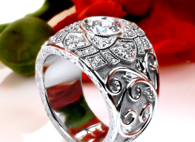 Hudson custom engagement ring with filigree, milgrain and nature inspired patterns.