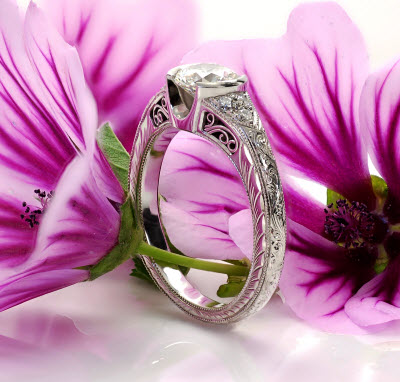 Filigree engagement ring with hand engraving made in Minnesota.