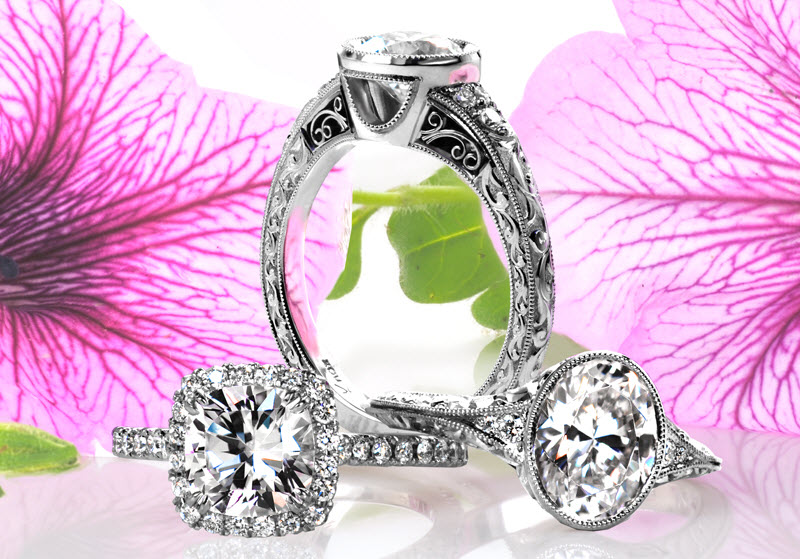 Custom engagement rings in Henderson including bezel, antique and halo settings.