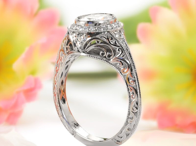 McAllen custom engagement ring with diamond halo, relief engraving and filigree.