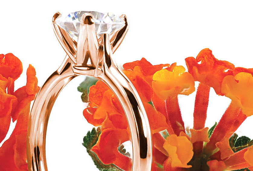 Toronto custom rose gold solitaire engagement ring with a round diamond center stone held by unique split prongs.