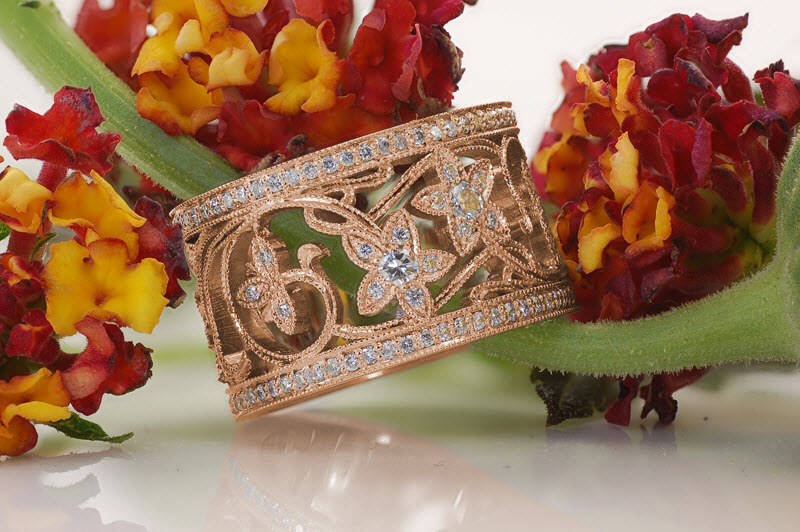 Rose gold wedding ring with filigree, micro pave diamonds and milgrain in Anaheim.