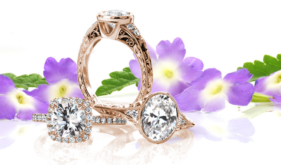 Unique custom rose gold engagement rings in Dallas including halo and antique inspired settings.
