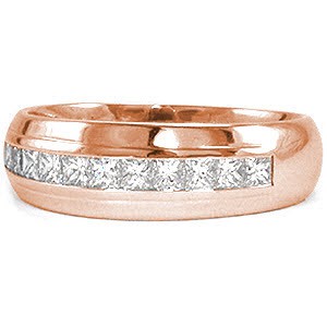 The Long Island band incorporates diamonds into a classic design. Crafted in 14k white gold, a single row of channel set princess cut diamonds total 0.75 carats embellish the top of the band. The domed profile has a single pinstripe that frames the diamonds. The high polished finish completes this classic look.