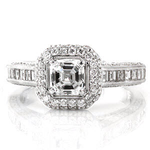 Passion is a stunning design featuring linear steps of an asscher cut diamond. The halo of micro pavé is a striking variation to the step-cut center stone. The channel set carrÃ© diamonds adds a dramatic contrast to the adjacent brilliant cut stones. The inside gallery is detailed with filigree.