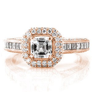 Passion is a stunning design featuring linear steps of an asscher cut diamond. The halo of micro pavé is a striking variation to the step-cut center stone. The channel set carrÃ© diamonds adds a dramatic contrast to the adjacent brilliant cut stones. The inside gallery is detailed with filigree.