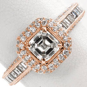 Tulsa rose gold engagement ring with micro pave halo, channel set step-cuts and asscher cut center stone. 