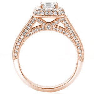 Oakland micro pave engagement ring with an asscher cut center stone in a rose gold setting. 