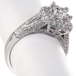 Halo engagement ring in Buffalo with rows of micro pave diamonds and princess cut center stone.