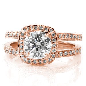 Fargo engagement ring with cushion halo on a double band setting.