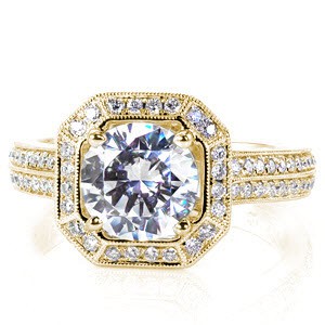 McAllen engagement ring with diamond halo and double row diamond band in yellow gold.