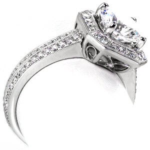 Dallas antique engagement ring with filigree, diamond band, diamond halo and milgrain.