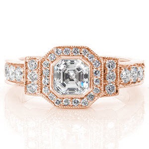 Denver rose gold halo ring with asscher cut center stone and micro pave diamonds.