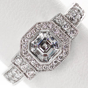 Halo engagement ring in Anaheim with asscher cut center stone and milgrain texture.