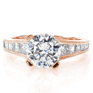 Anaheim rose gold engagement ring with princess cut side stones and round brilliant center stone.
