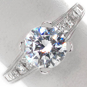 Ottawa engagement ring with channel set princess cuts, rows of double milgrain and round brilliant center stone.