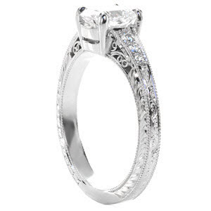 Unique engagement ring in Edmonton with filigree and hand engraving.