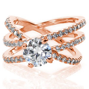 Denver rose gold engagement ring with interwoven micro pave bands and round center stone.