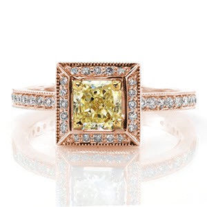 Framed in a perfect square, four 14k yellow gold prongs showcase a 0.75 carat fancy yellow radiant cut center diamond on Design 2041. Magnificent lines of milgrain outline round bright-cut and bead-set micro pavé diamonds that join the delicate 14k white gold band to the halo.