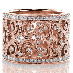 Wide band wedding ring in Arlington with intricate curls and diamonds in rose gold.