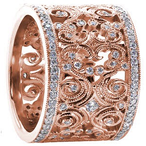 Wide band wedding ring in Henderson with diamonds, milgrain and filigree.