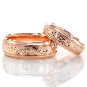 St. Cloud matching wedding bands with scroll engraving and milgrain border. 