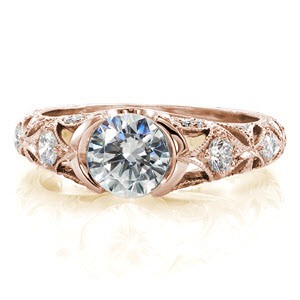 Providence engagement ring with half bezel setting and ornately decorated band.