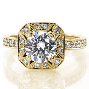Charlotte halo engagement ring with round brilliant center stone and diamond band.