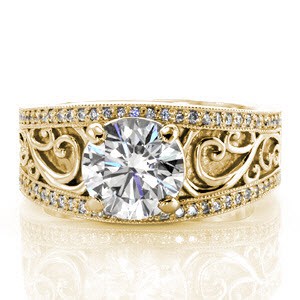 Wide diamond wedding ring in Edmonton with filigree and micro pave bands.