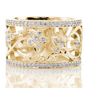 Wide diamond wedding rings in Rochester with nature inspired flower patterns.