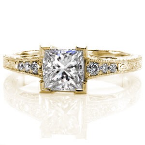 Fort Worth antique engagement ring with engraving, filigree and princess cut center stone.