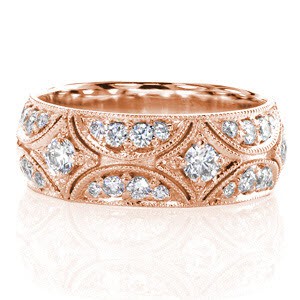 Rose gold wedding band in San Jose with antique details and diamonds.