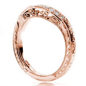 Chicago unique rose gold wedding bands with hand engraving, filigree, and micropave diamonds.