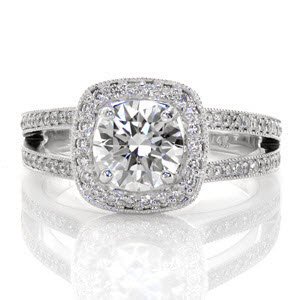 The Cielito is a romantic split shank engagement ring that widens to the outer corners of the cushion shaped halo. The double band stylistically adorned with micro pavé diamonds adds to the magnitude of this design. Each edge embellished with milgrain detail adds a soft touch to this modern design. 