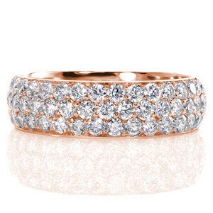 Phoenix custom rose gold wide ring with a rounded band and three rows of micro pave diamonds.