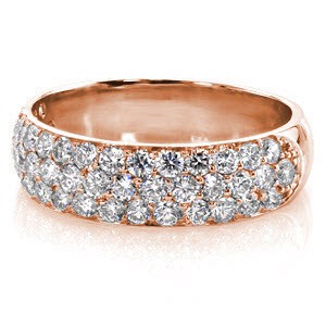 Toronto custom rose gold wide ring with a rounded band and three rows of micro pave diamonds.