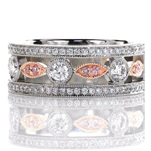 El Paso unique custom wide band wedding ring made in two tone with diamond rails and a scalloped center design.