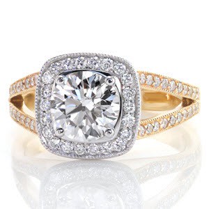 Louisville custom two tone engagement ring featuring a round diamond center surrounded by a bead set diamond halo and split band.