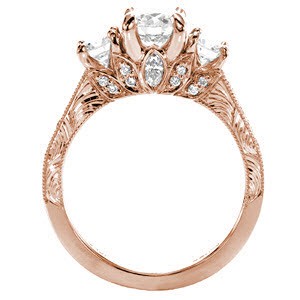 New Haven custom three stone engagement ring with a bead set diamond band and floral profile design.