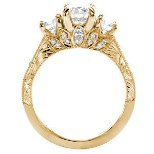 Charlotte custom three stone engagement ring with a bead set diamond band and floral profile design.