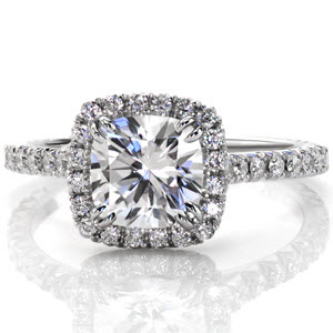 Micro pave engagement ring with cushion halo and diamond band in Hudson.