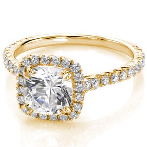 San Francisco custom engagement ring with a micro pave diamond halo surrounding a cushion cut center diamond.