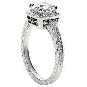 Hastings antique engagement ring with hand engraving, filigree and cushion shaped halo.